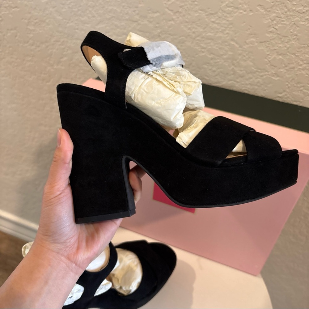 kate spade Black Suede Platform Block Heel Sandals - Picture 7 of 9